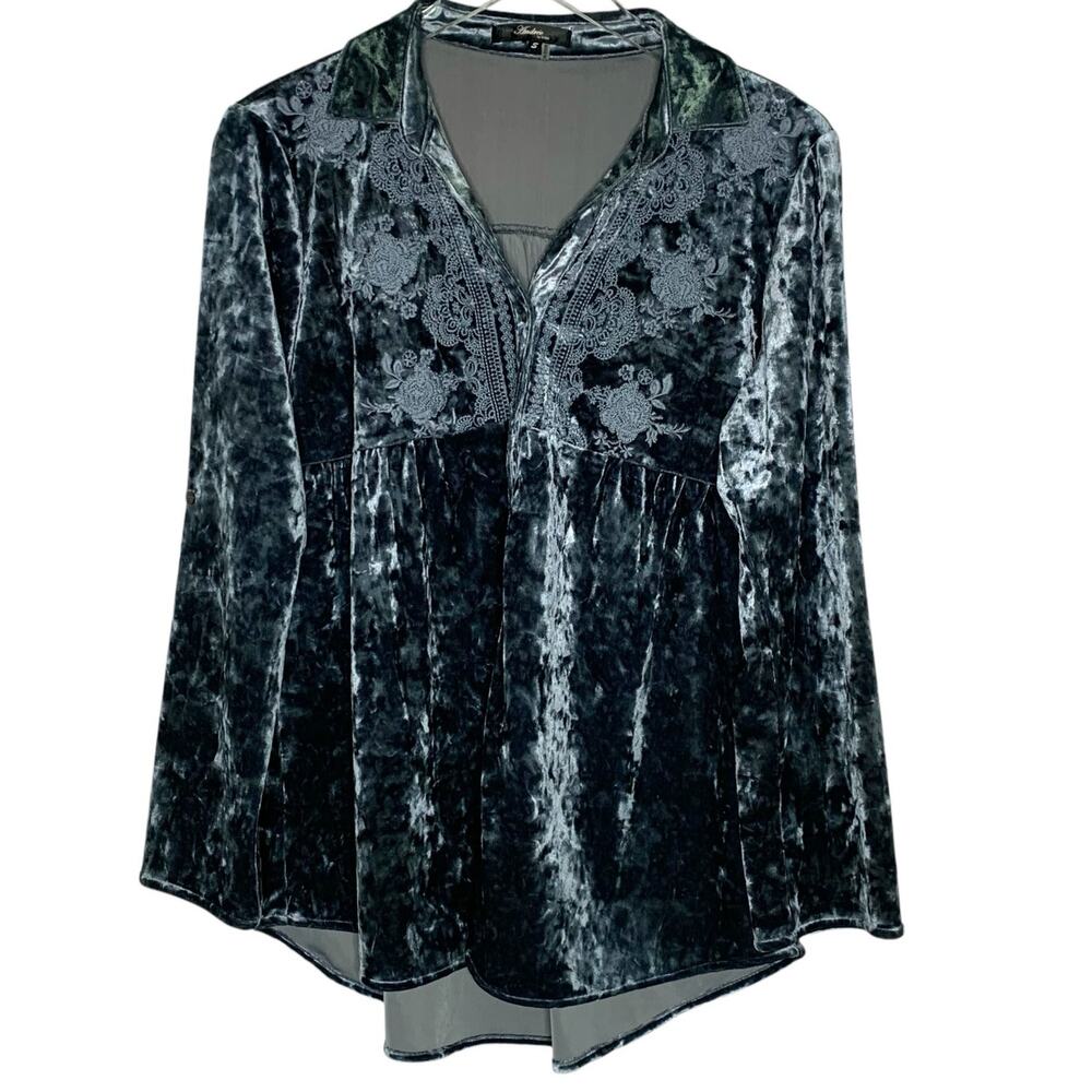 Andree S Oversized Velvet Blue Embroidered Button Front Top Party Holiday